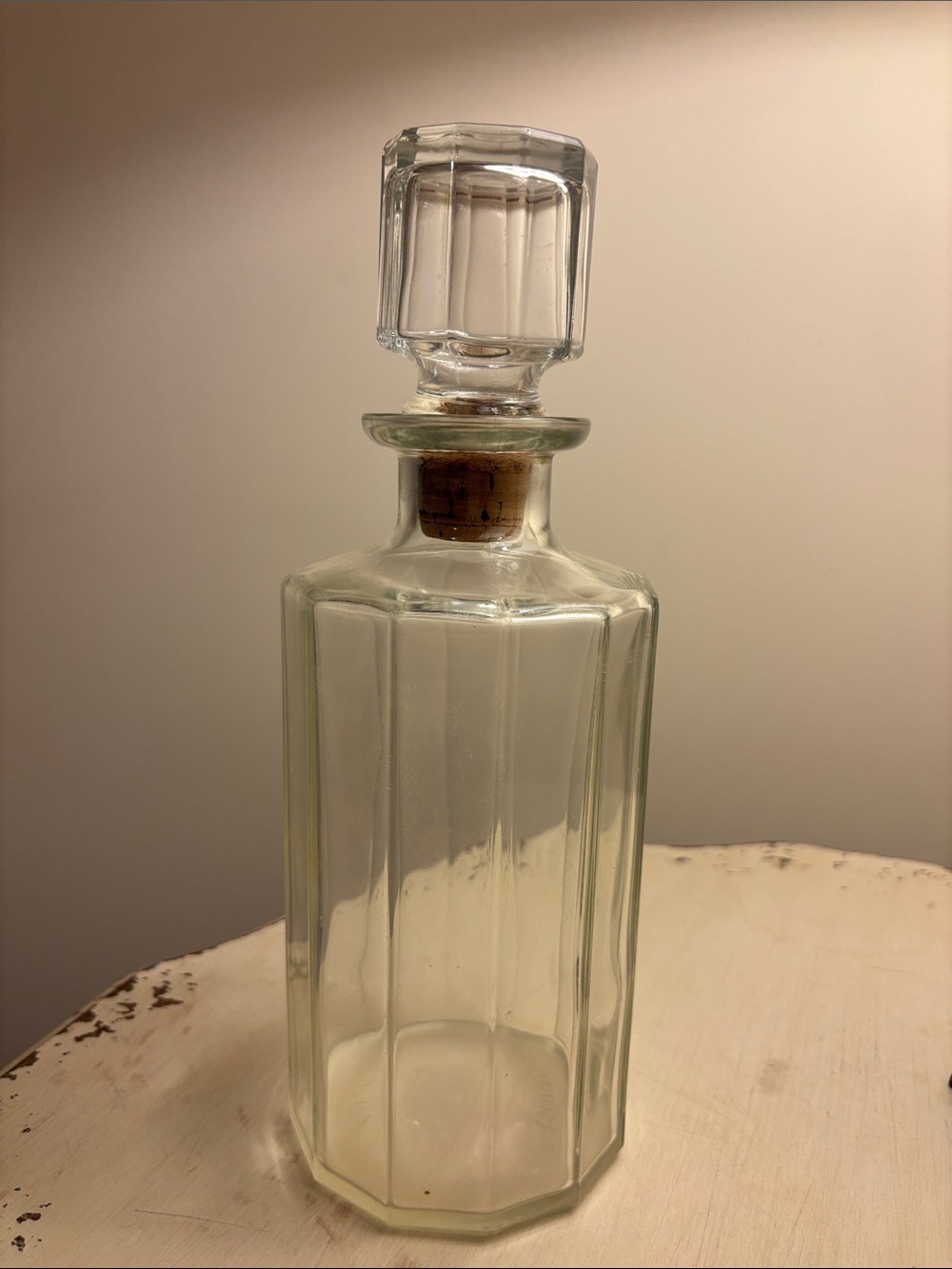 Vintage Bormioli faceted glass decanter, cork top, made in Italy, 10.5” tall